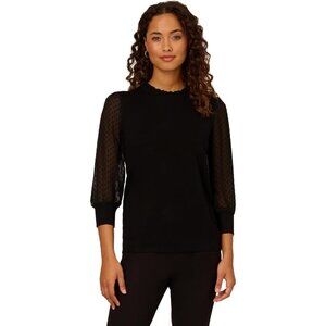 Women's Black Viscose Nylon Twofer Sweater Clip Dot Puff Sleeve X-Large
